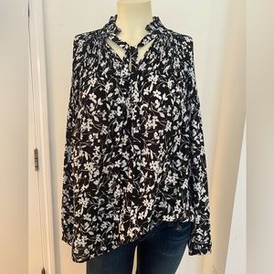 Black and White Floral Tie-Neck Blouse